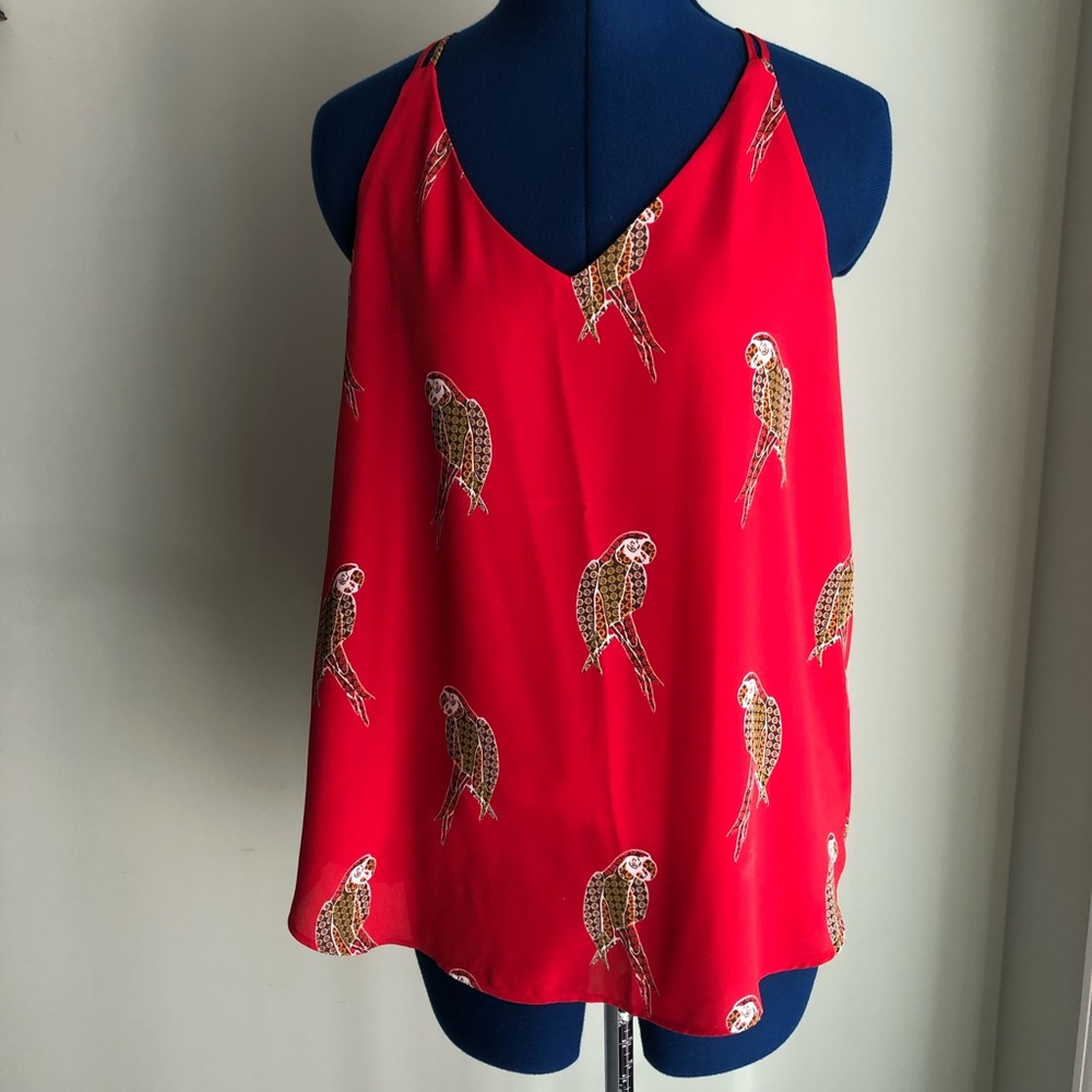 Loft Spaghetti strap red tank top with bird print